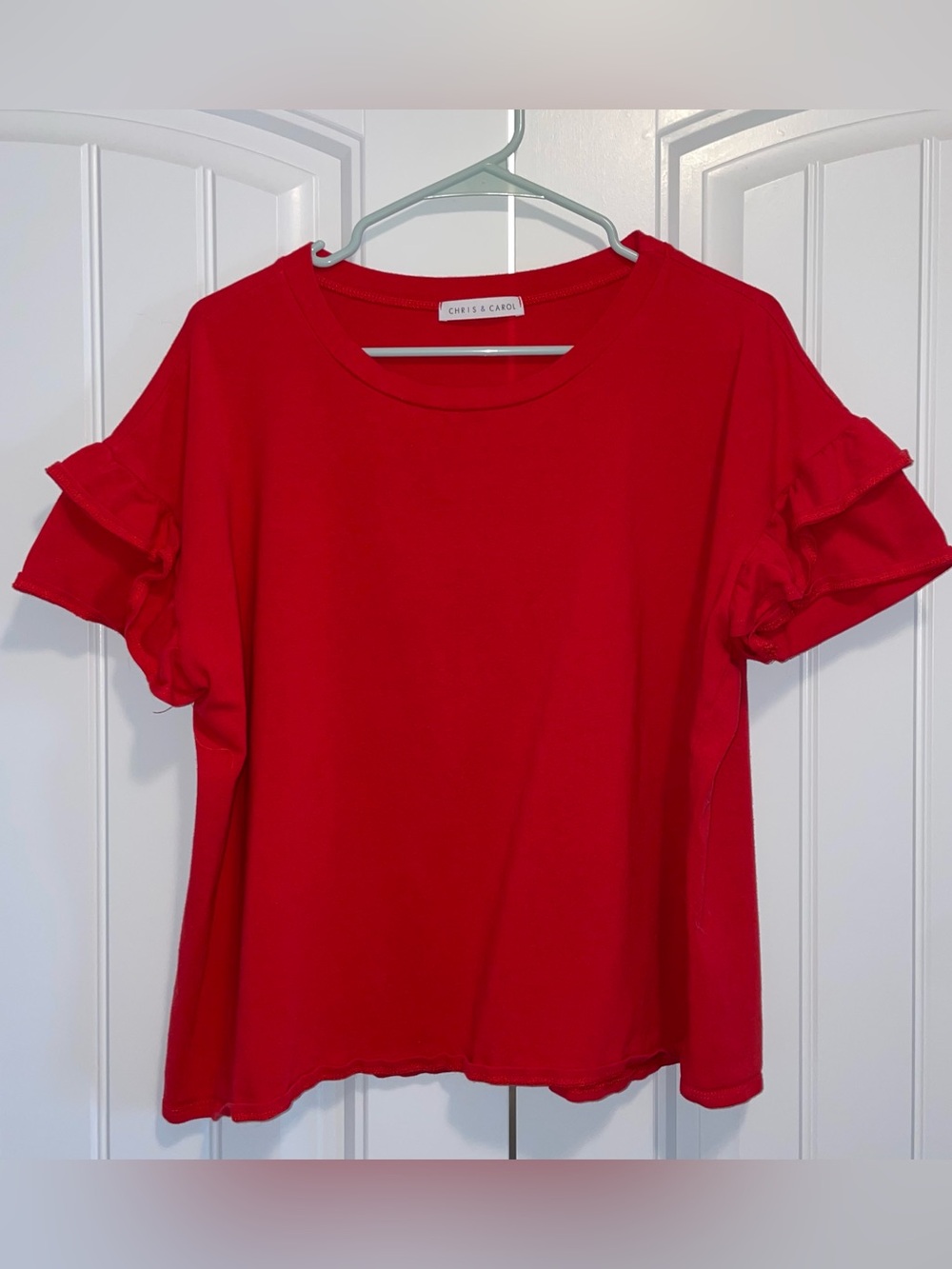 Chris & Carol Bright Red Ruffle-Sleeve Short Sleeve Top
